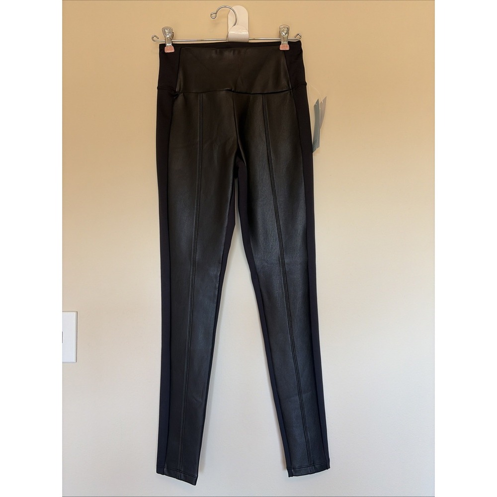 Zella Classic Black Faux Leather Detail‎ High Waist Yoga Workout Leggings XS NEW